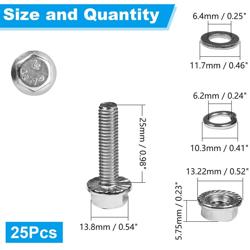 Yinpecly 25 Sets M6-1.0 x 25mm Flanged Hex Head Bolts Kits, M6 Flange Hexagon Screws and Nuts,Flat & Spring Lock Washers,18-8 (304) Stainless Steel,Metric Bolt Assortment, Fully Threaded - Image 2